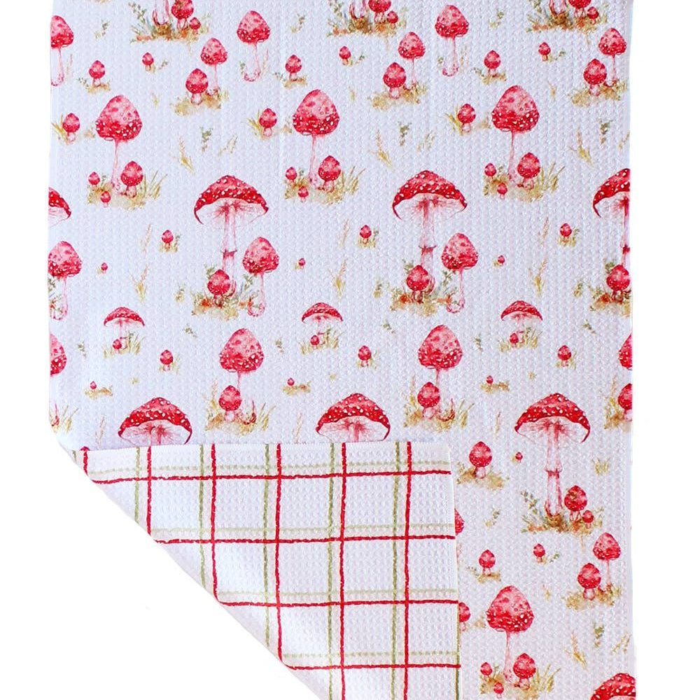Watercolor Mushrooms Red | Two Sided Waffle Weave Microfiber Towels