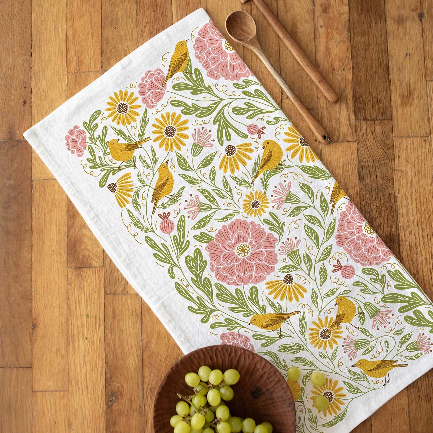 Peony + Bird Tea Towel