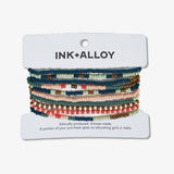 Sage Mixed Stripe Beaded 10 Strand Stretch Bracelet Set | Teal + Poppy