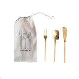 Hammered Stainless Steel Appetizer Utensils, Gold Finish, Set of 3 in Drawstring Bag