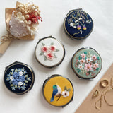Embroidered Round Jewelry Box With Mirror