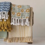 Woven Recycled Cotton Blend Throw with Flowers + Braided Pom Pom Tassels