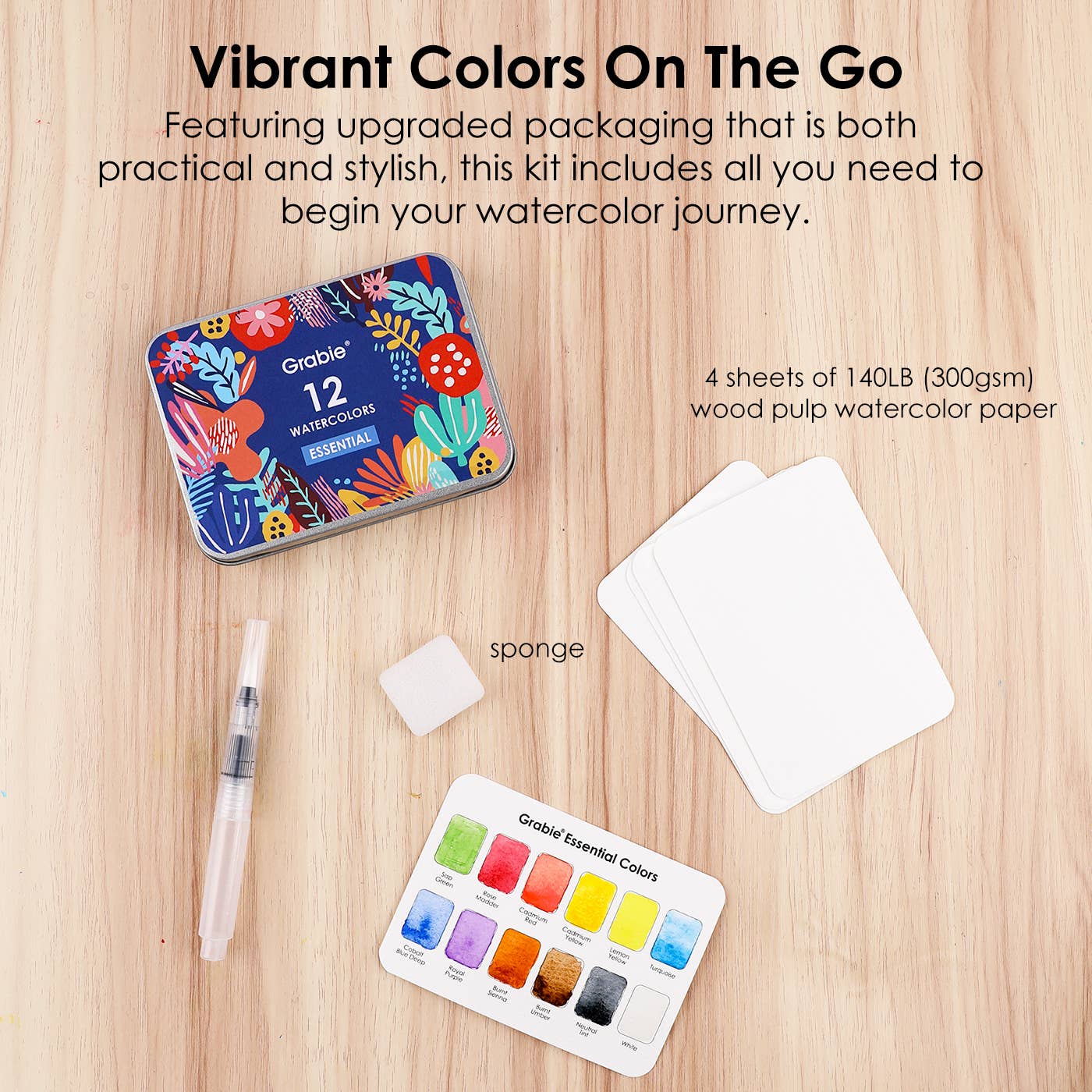Watercolor Pocket Set Of 12 With Brush | Essential Colors