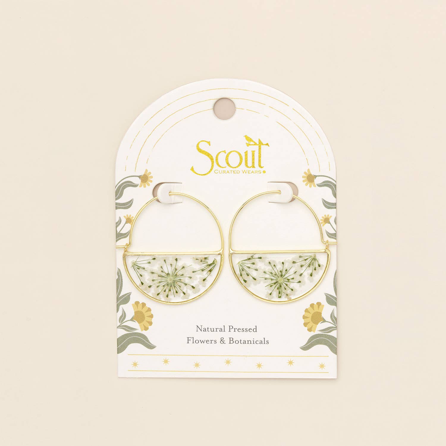 White Lace Flower/Gold | Pressed Flower Hoop Earring