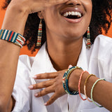 Sage Mixed Stripe Beaded 10 Strand Stretch Bracelet Set | Teal + Poppy