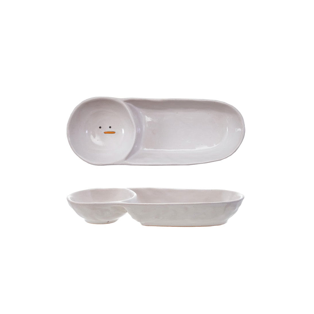 Stoneware Dish with Snowman Face & 2 Sections, White