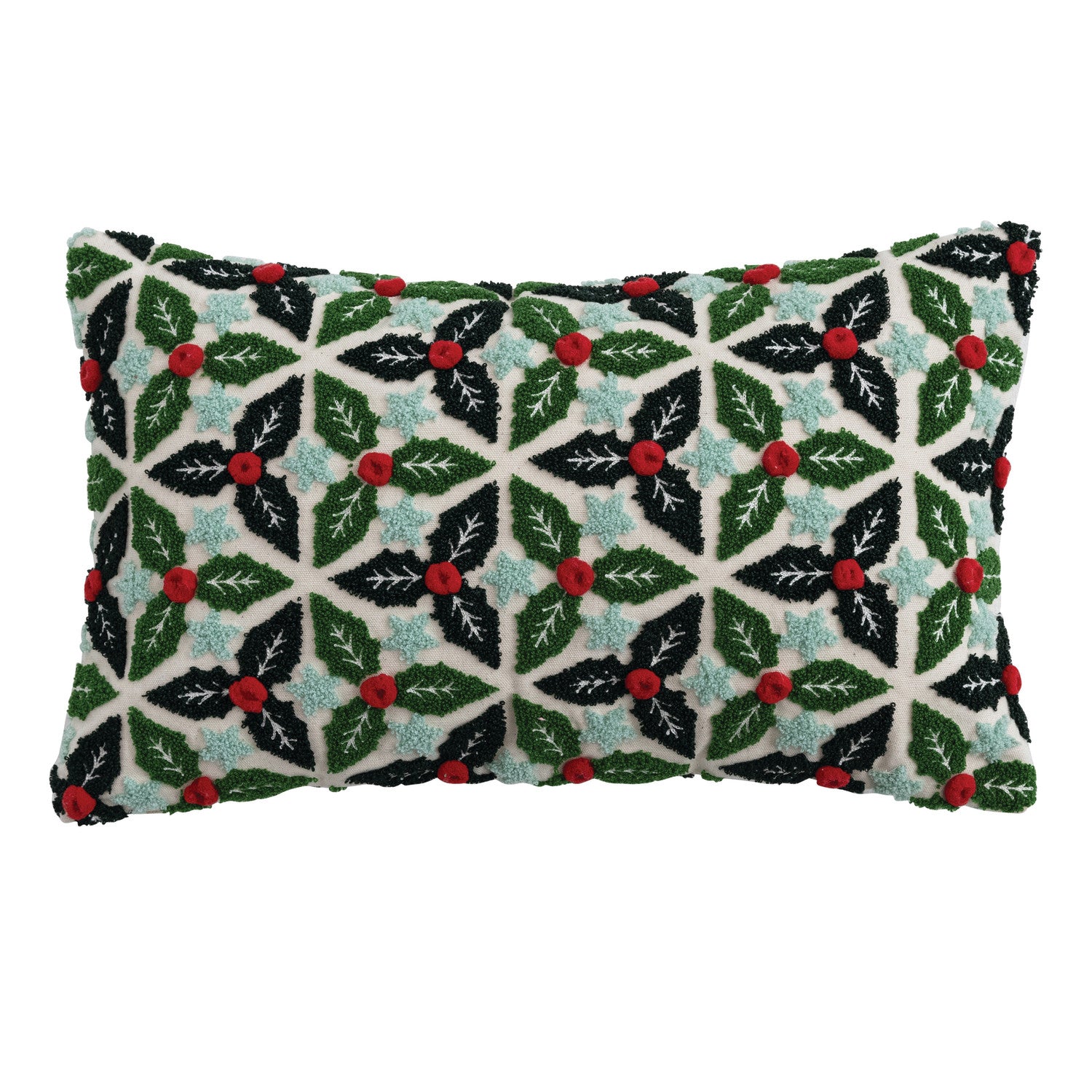 Embroidered Lumbar Pillow with Tufted Holly Leaves, Stars & Pom Poms